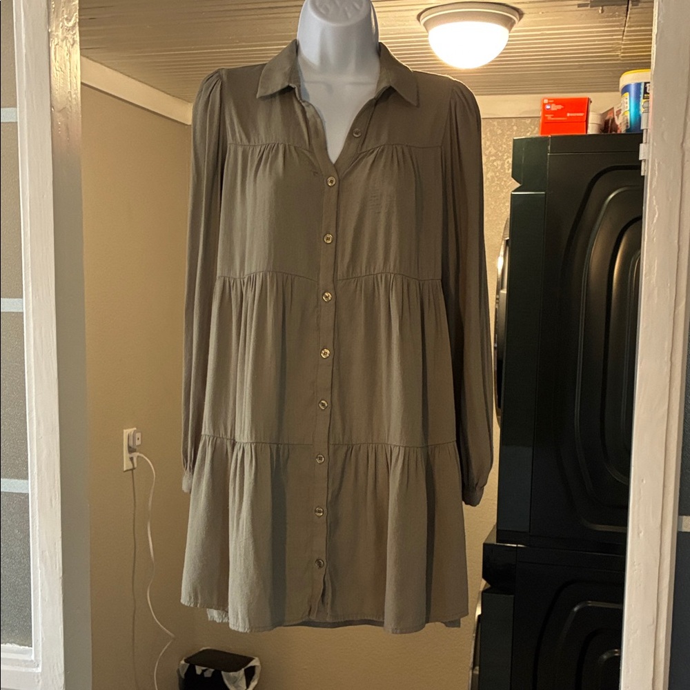 Trixxi Khaki Button-Up Dress